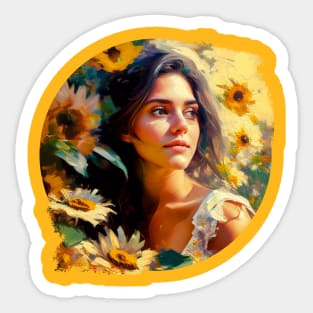 A beautiful girl in nature, surrounded by sunflowers, Art painting Sticker